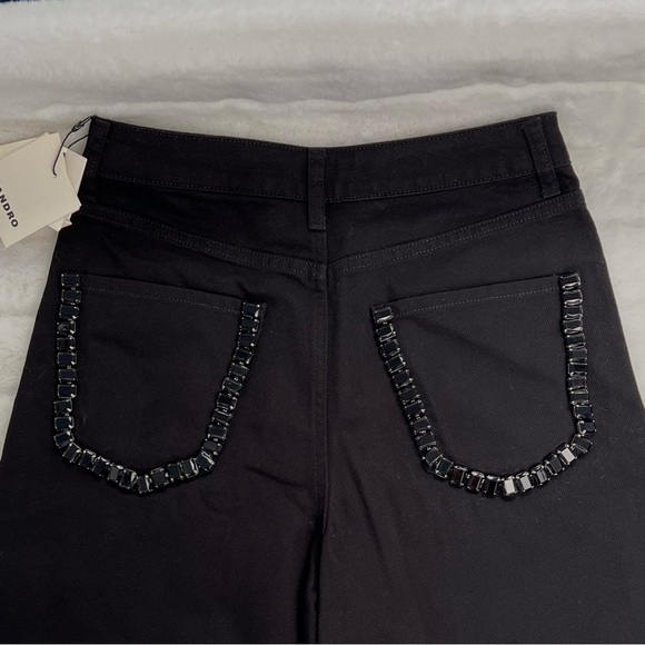 NWT Sandro Cristelle High Rise Wide Leg Black Jeans Embellished w Black Crystals - Picture 9 of 13